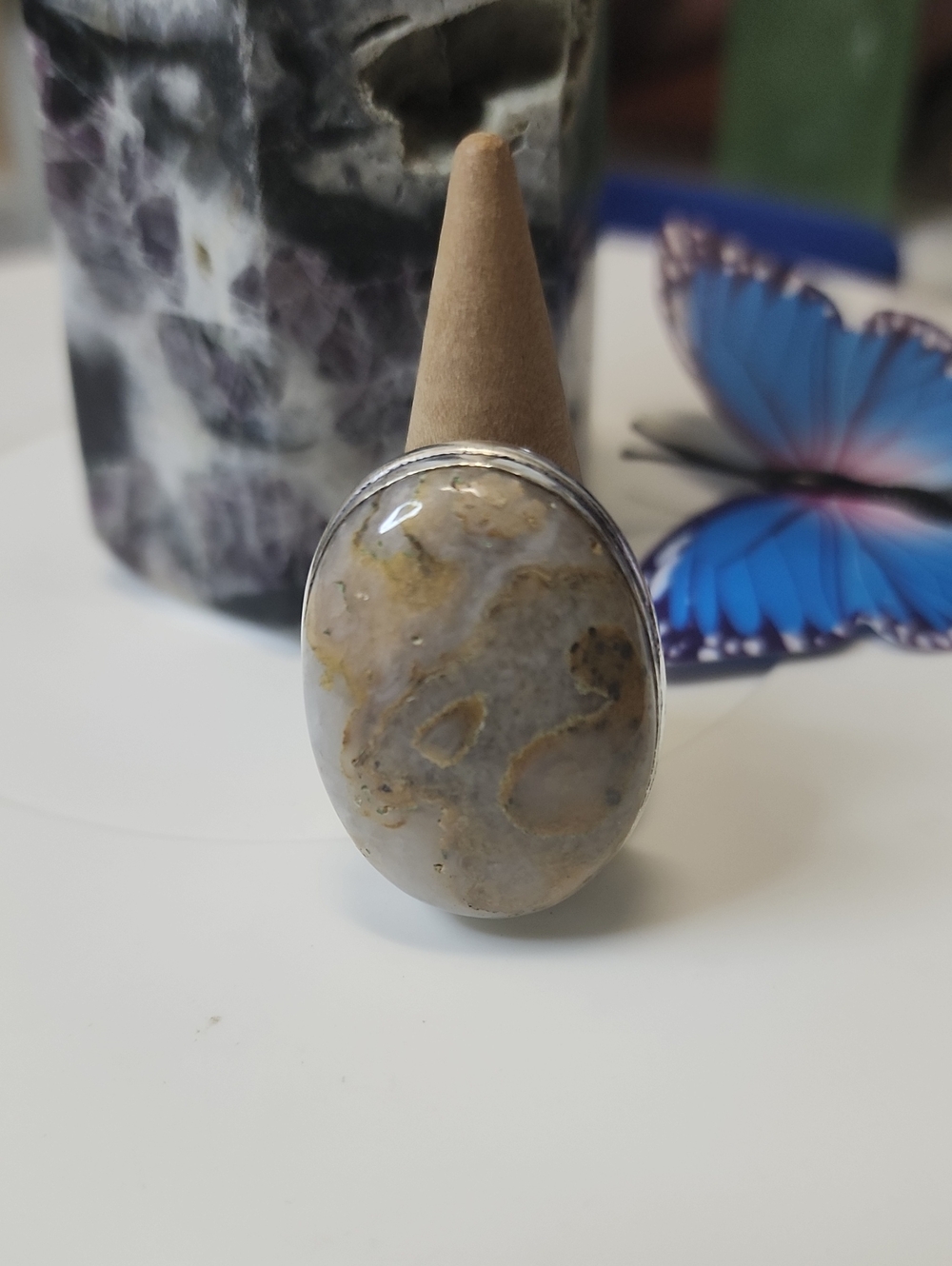 Gray & Cream Agate Statement Ring
